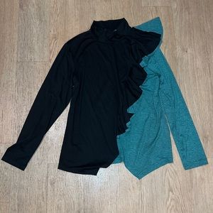 Black and green ruffled high-neck long sleeve top